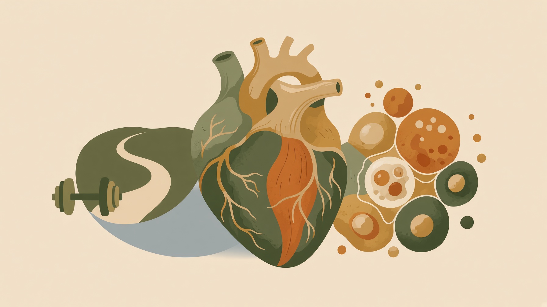Heart beside a dumbbell and circles showing tissue patterns.