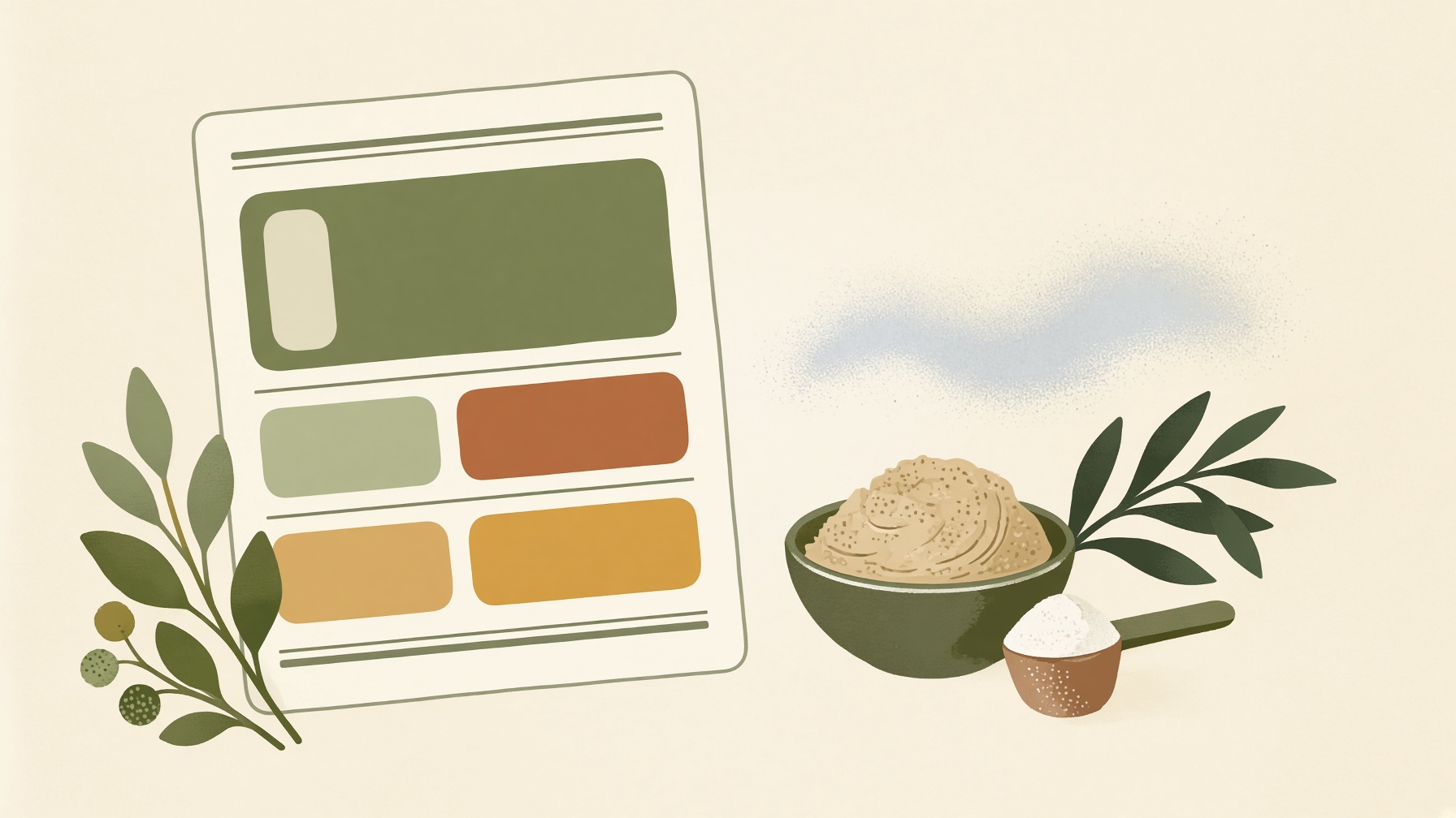 Illustration of a nutrition label beside a bowl of fiber powder.