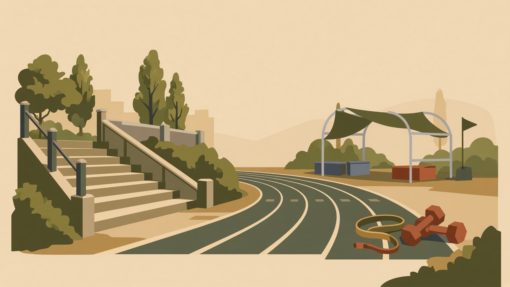 Illustration of steps beside a running track, with dumbbells and a resistance band in the foreground.