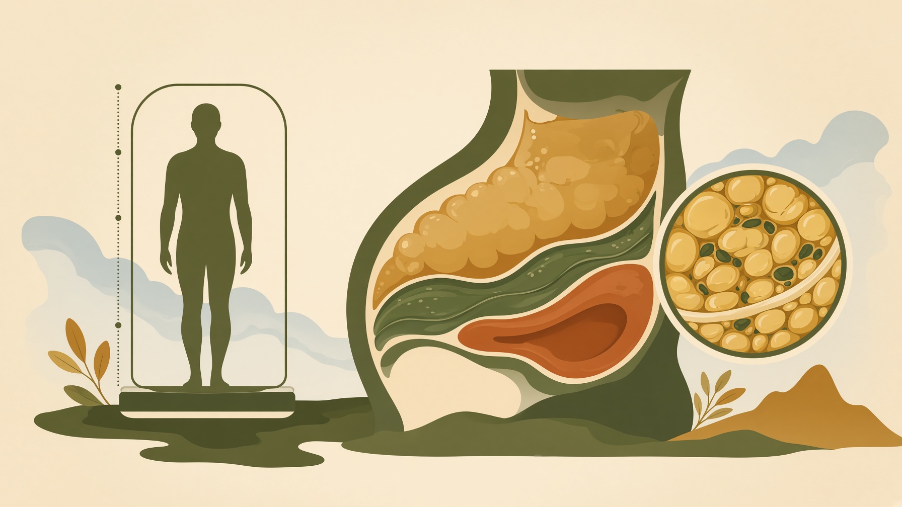 Human silhouette on a scale beside a cross-section of body tissues and fat cells.