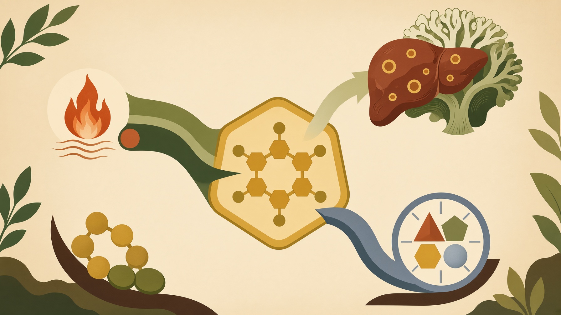 Molecular structure connected to illustrations of a flame, liver, and colored components.