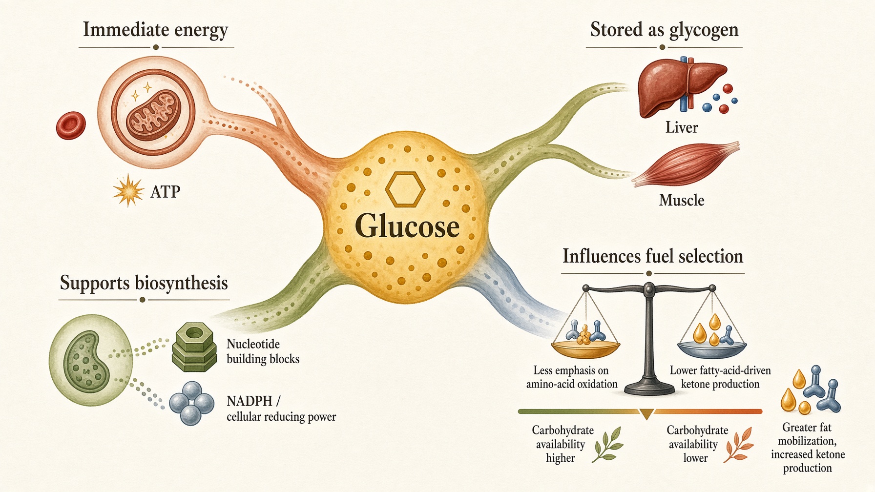 Glucose at the center of a diagram connecting immediate energy, glycogen storage, biosynthesis, and fuel selection.