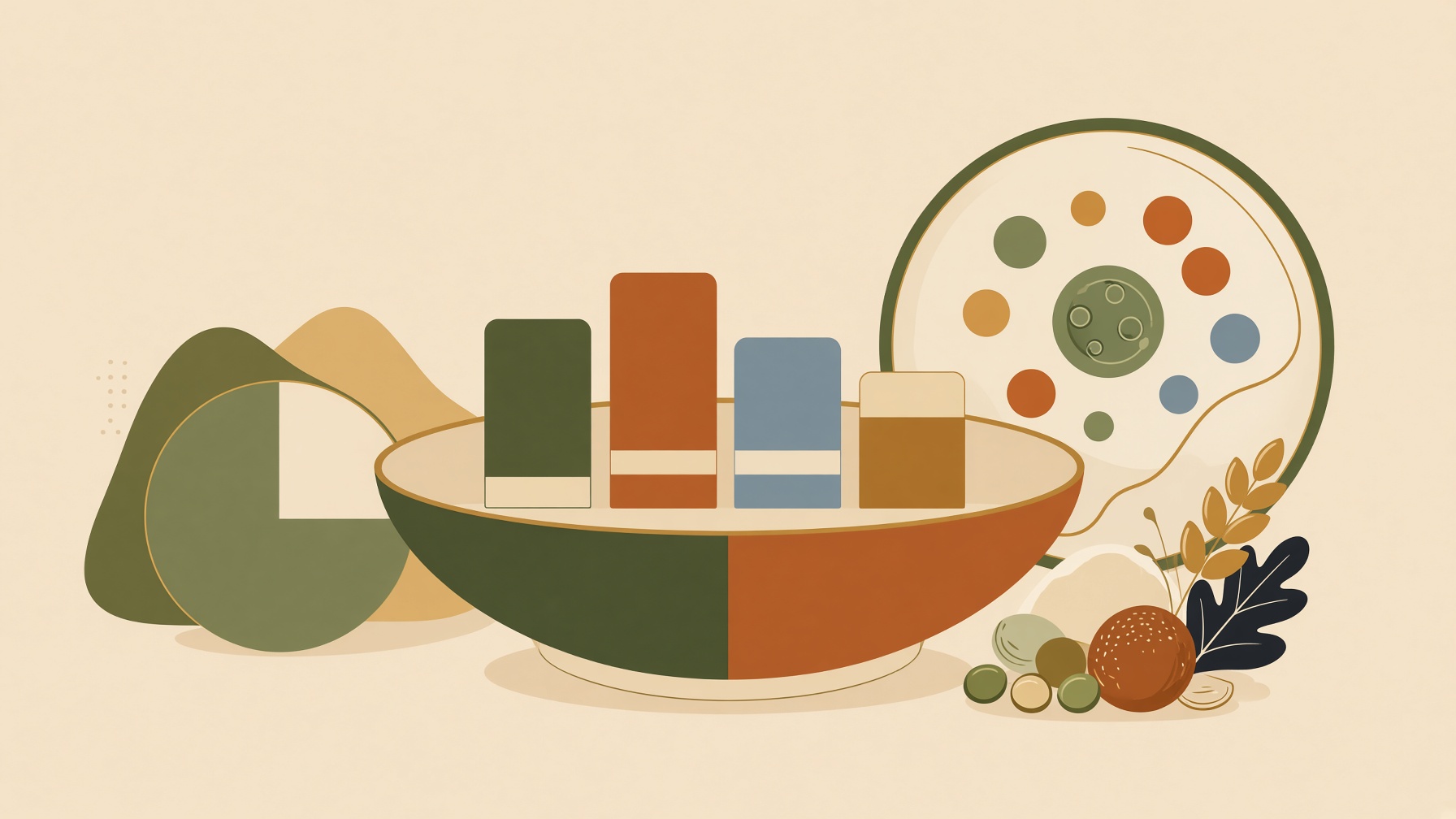 Colored bars rising from a bowl beside a magnified circle of nutrient shapes.