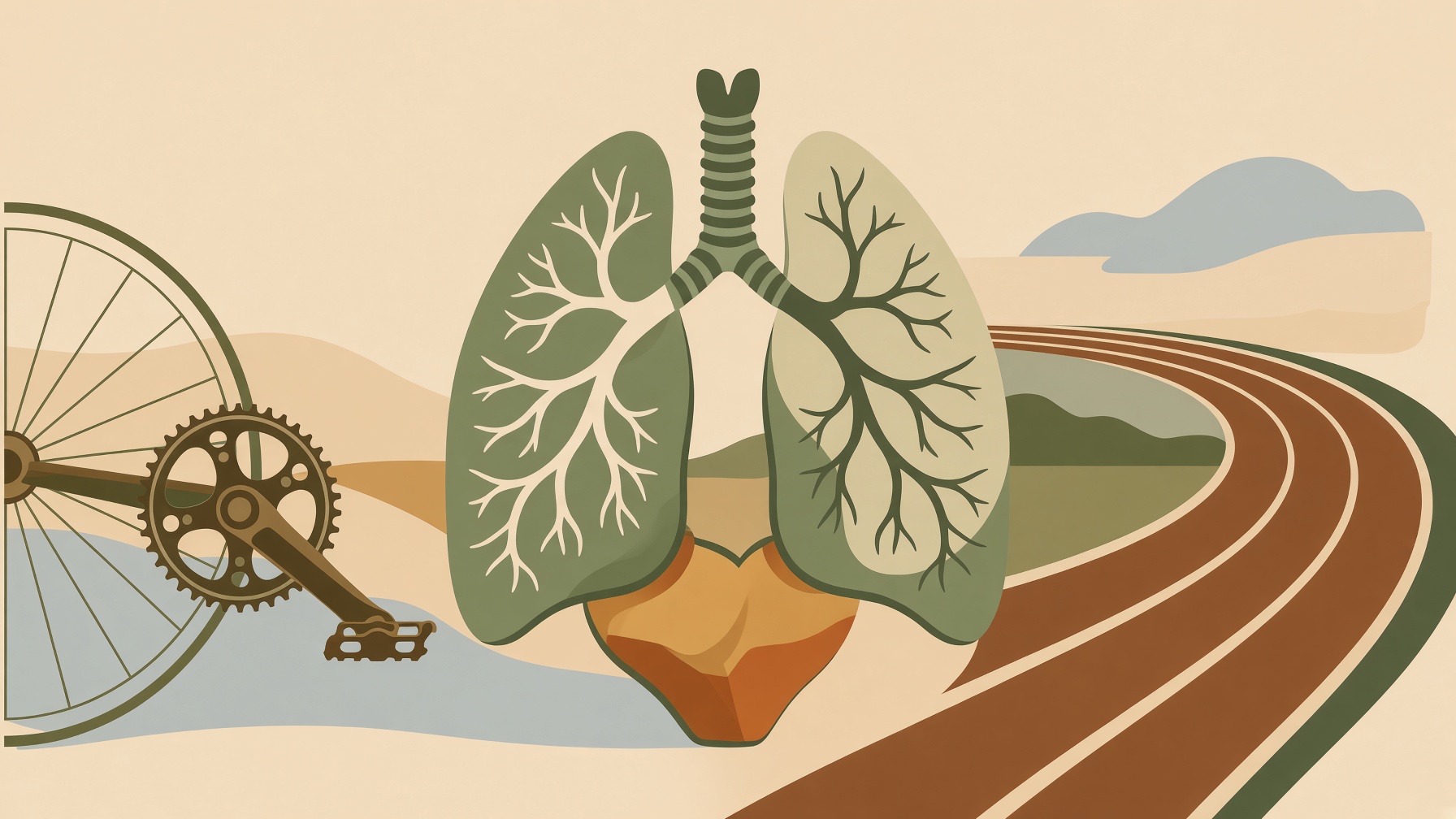 Illustration combining a bicycle wheel, gears, lungs and a running track.