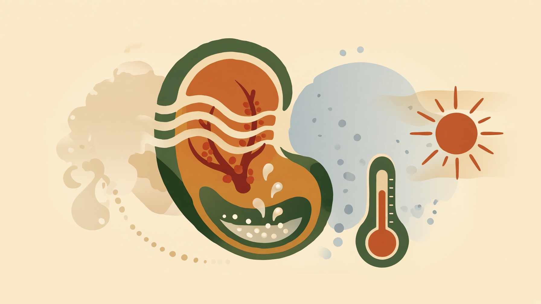 Illustrated body tissues with flowing heat lines beside a sun and thermometer.