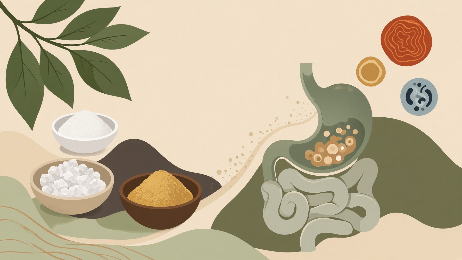 Bowls of sweeteners beside a stomach and intestines with molecular symbols.