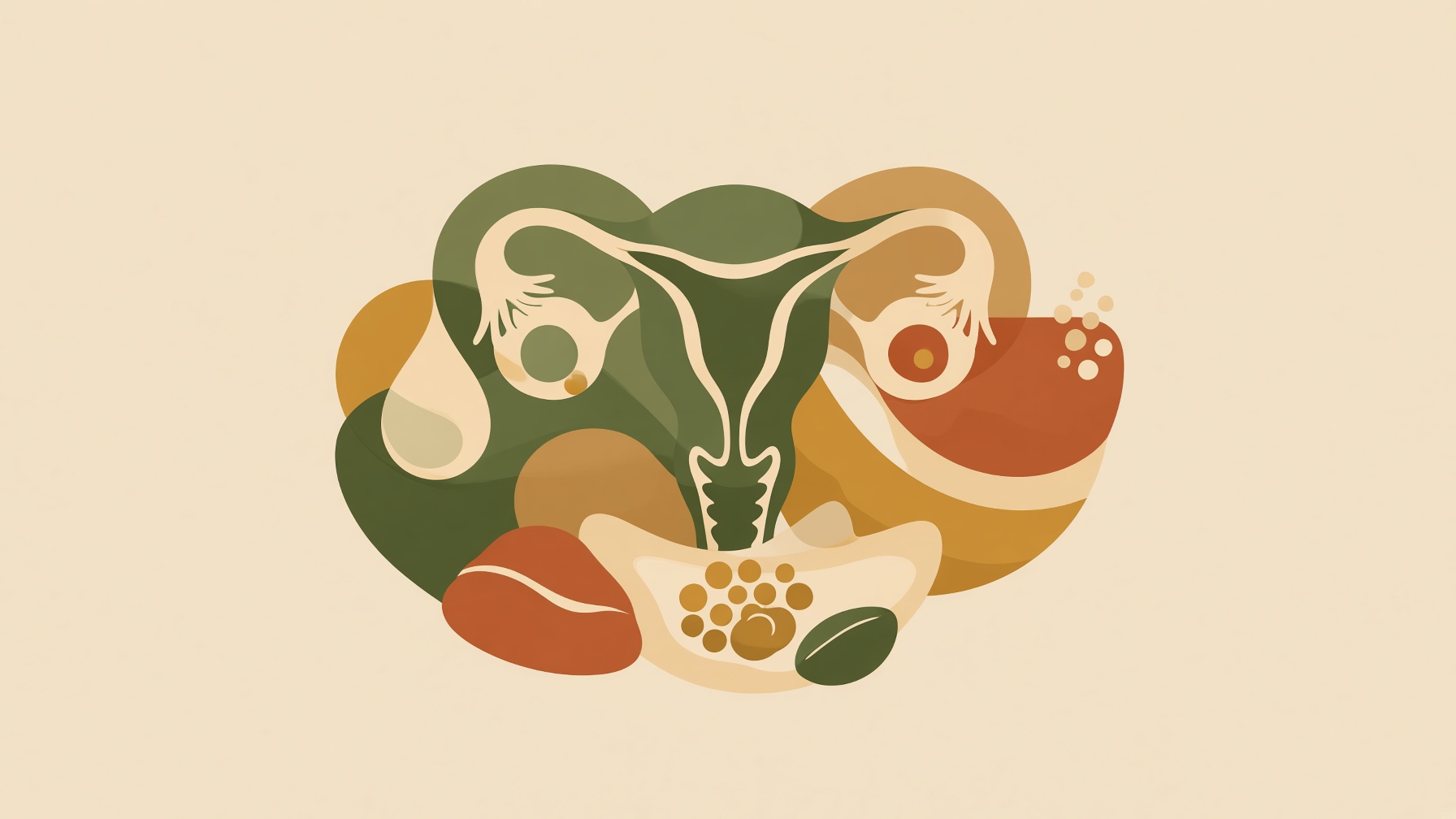 Illustrated uterus and ovaries above a selection of foods and nutrient shapes.