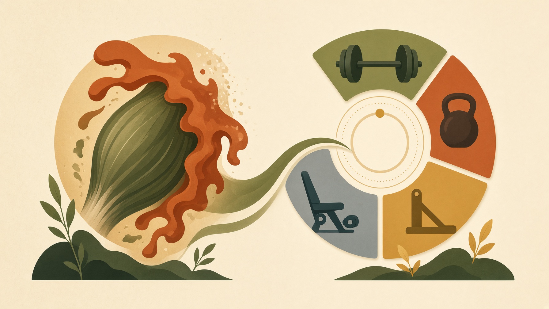 Muscle surrounded by a circular arrangement of weights and exercise equipment.