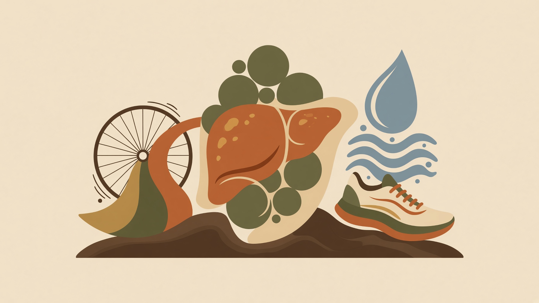 Illustration of a bicycle wheel, liver, running shoe, and water symbols representing endurance fueling and hydration.