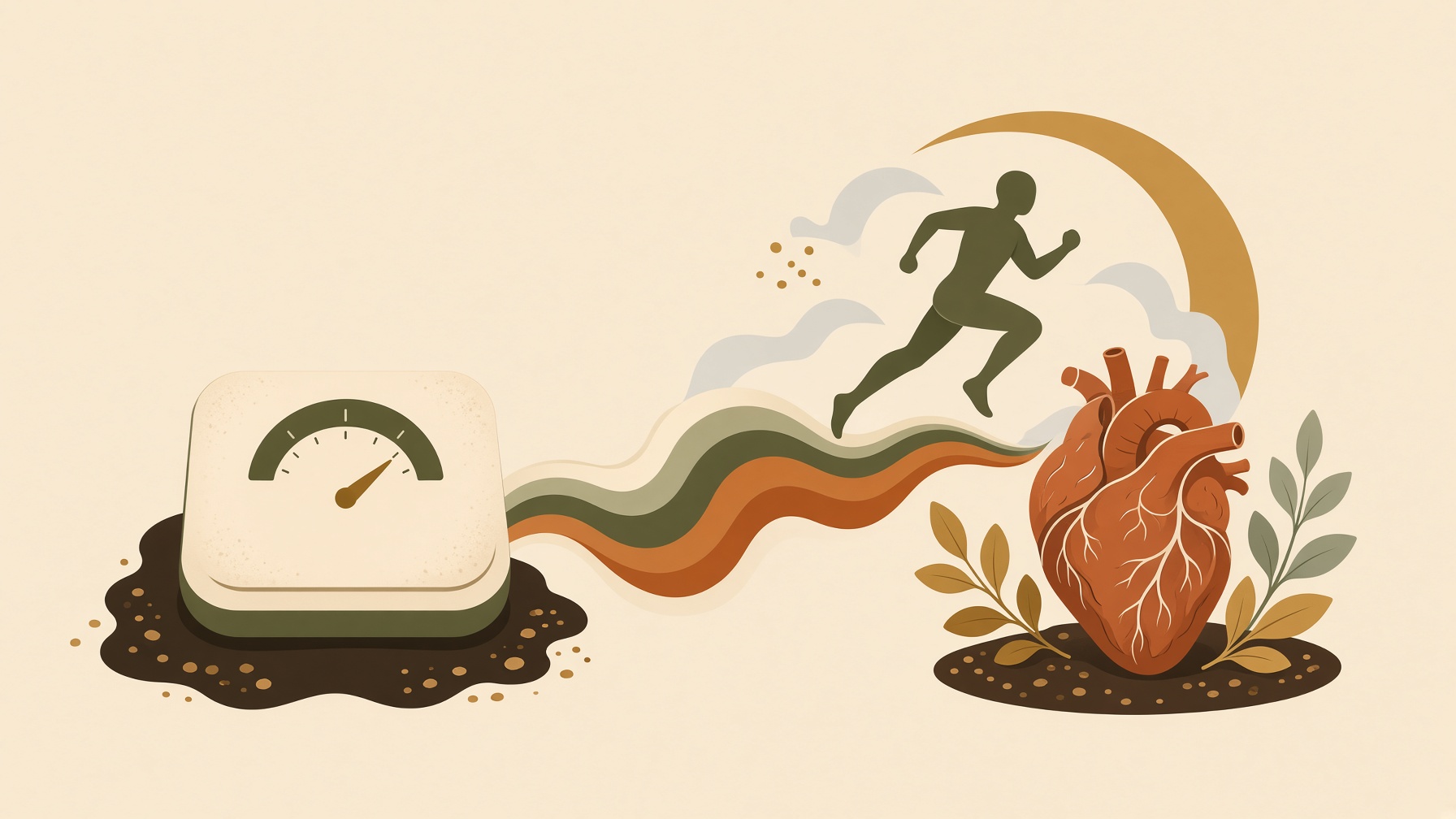 Illustration of a running figure beside a heart and a weighing scale.
