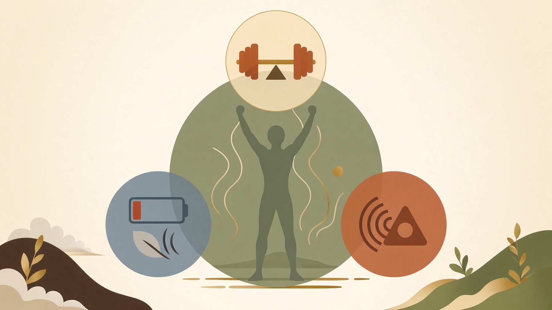 Illustration of an exercising figure beside weights, a battery and a pain symbol.