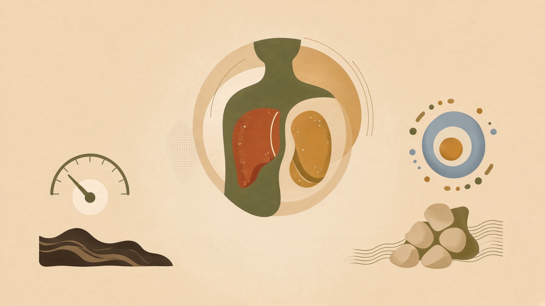 Illustration of body organs and a fat cell beside a gauge.