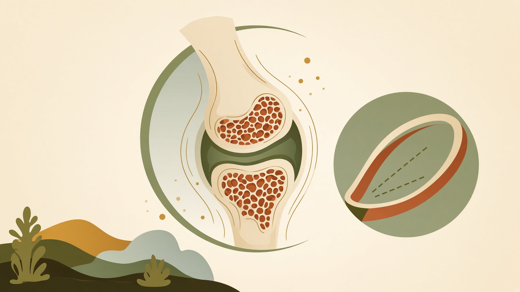 Knee joint beside a magnified illustration of layered soft tissue.