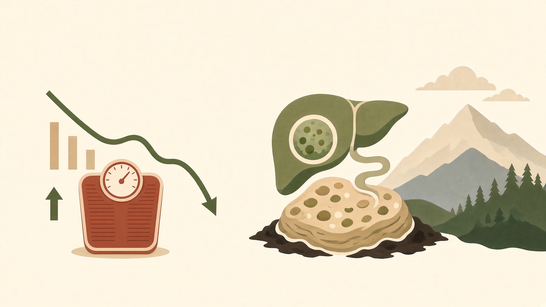 Illustration of a liver and fat cell beside a mountain-like shape and a descending scale indicator.