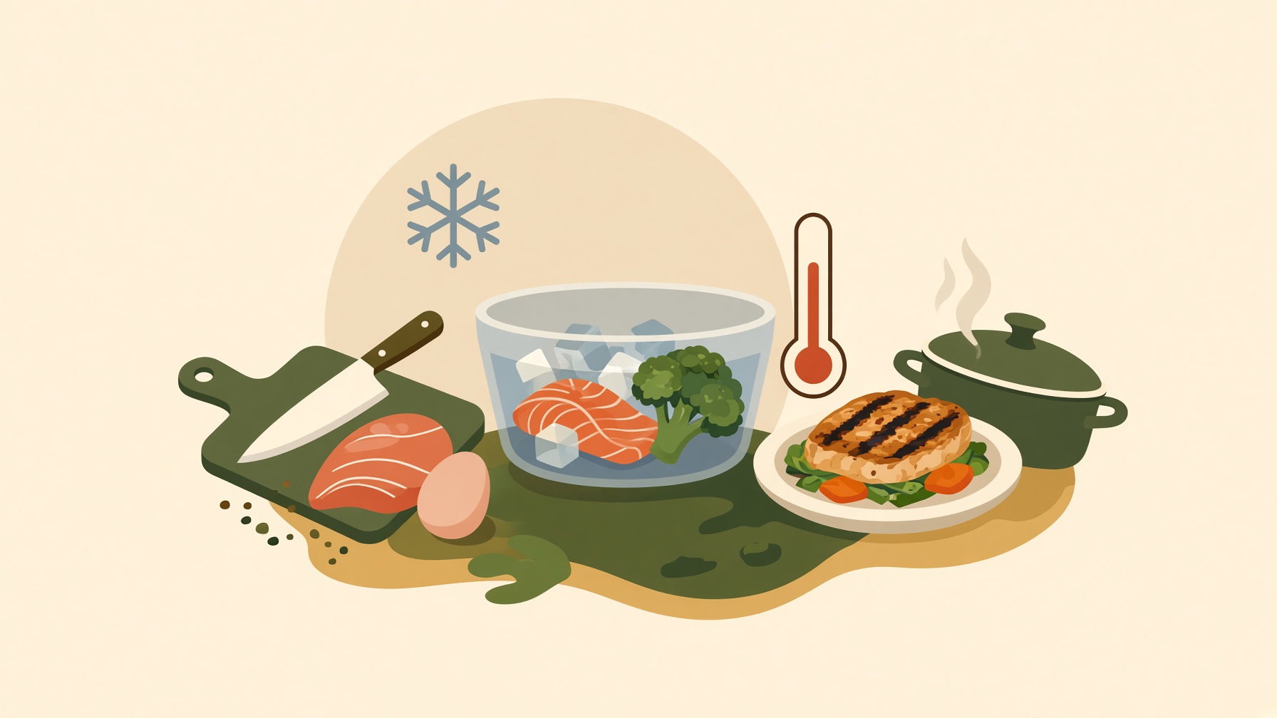 Food preparation, chilled storage, a thermometer, and cooked food arranged together.