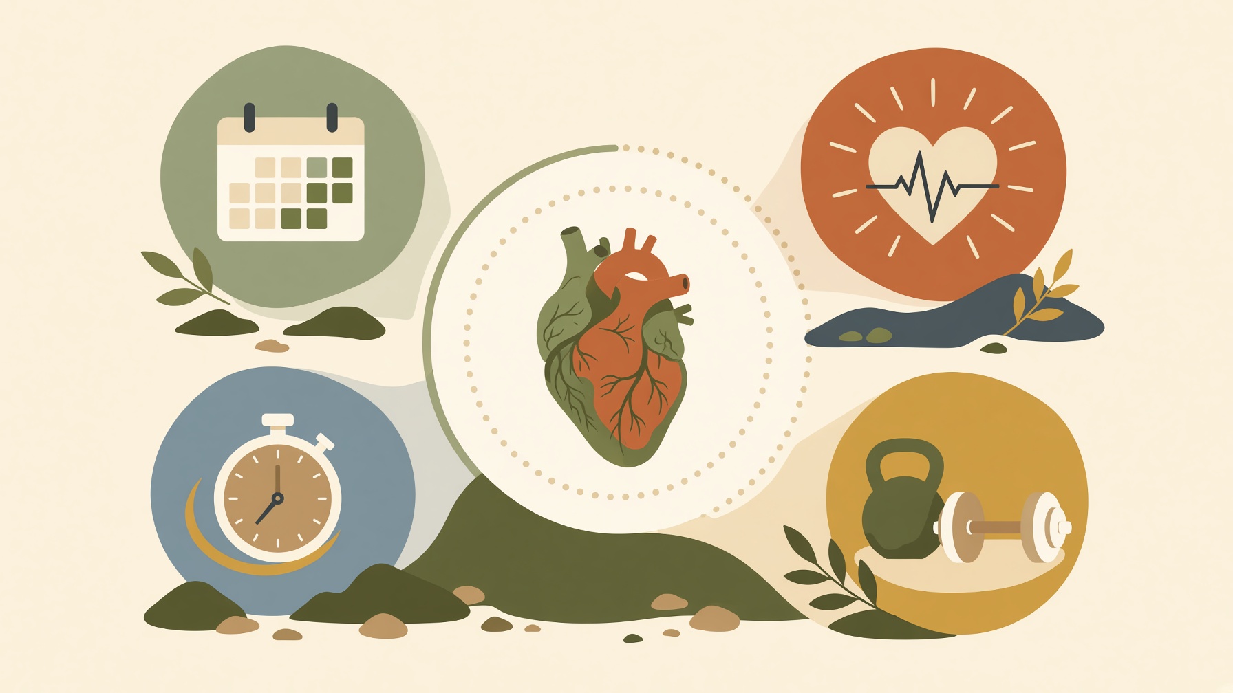 Calendar, stopwatch, heart-rate symbol, and weights surrounding a heart.