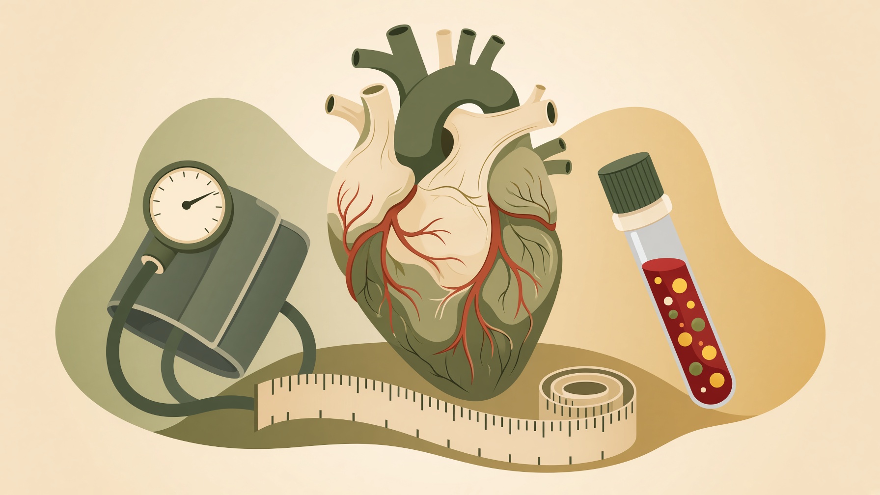 Illustration of a heart beside a blood pressure cuff, a blood sample tube, and a measuring tape.