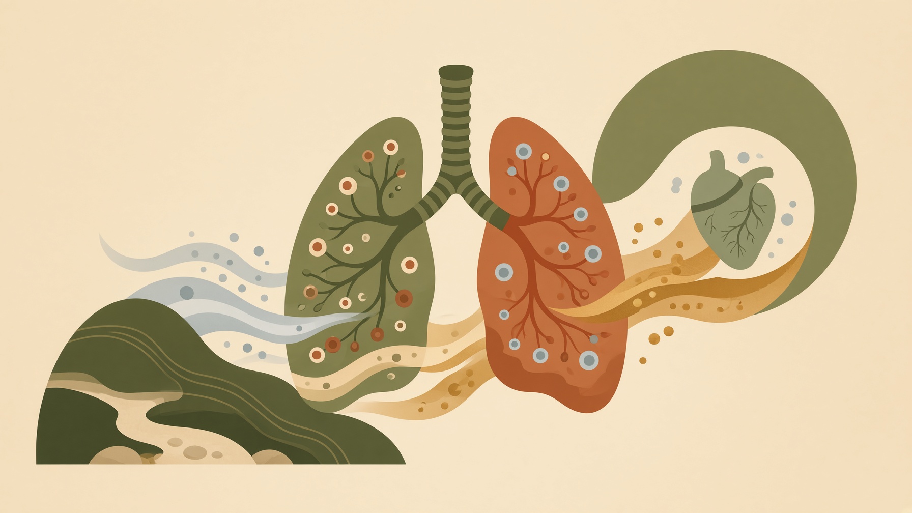 Lungs with blood cells and branching vessels beside flowing air particles.