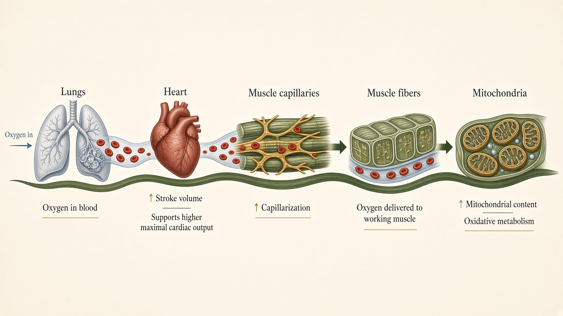 Diagram linking lungs, heart, muscle capillaries, muscle fibers, and mitochondria in oxygen transport and use.