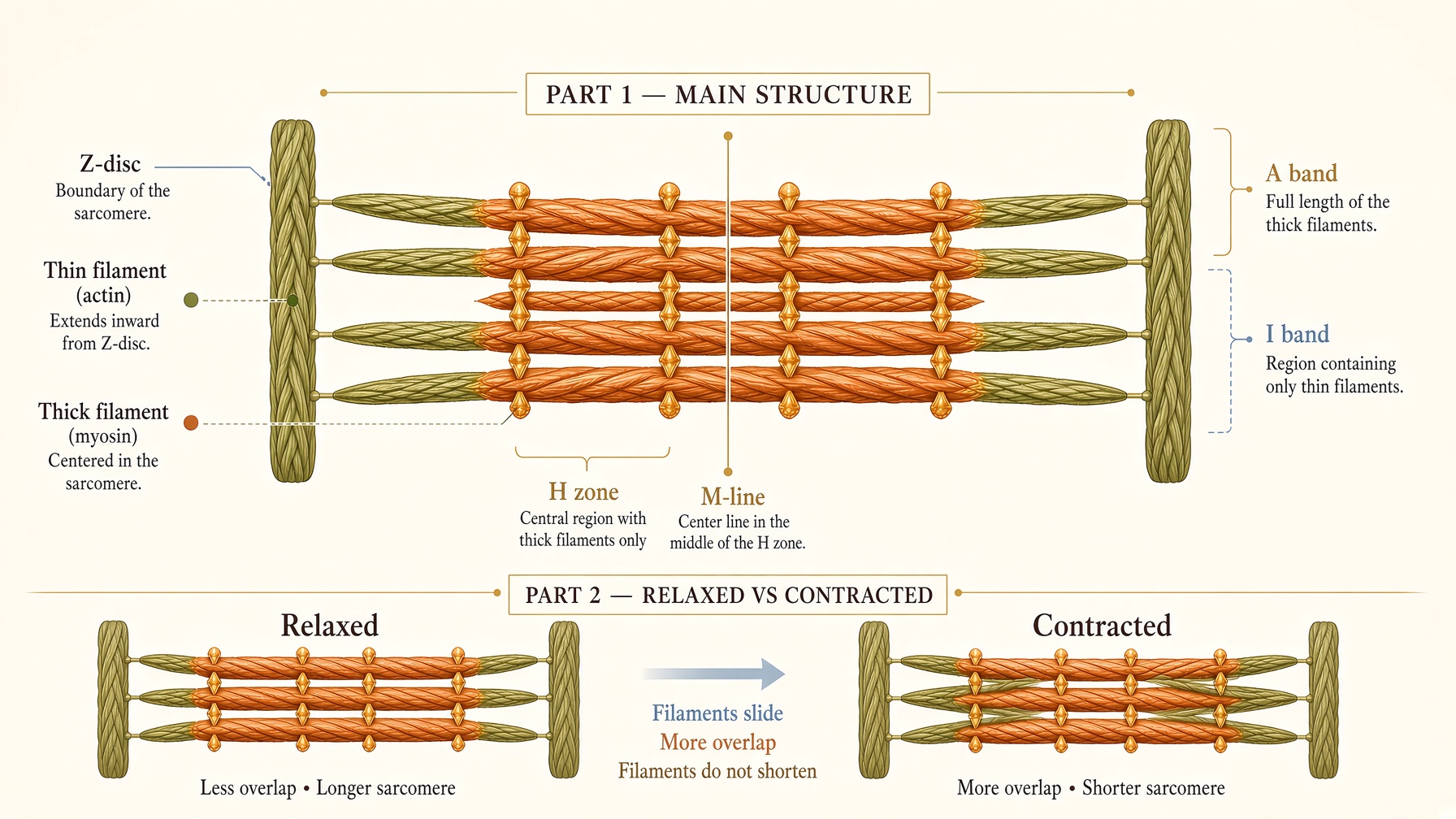 Labeled sarcomere diagram showing actin, myosin, Z-discs, and filament overlap in relaxed and contracted states.