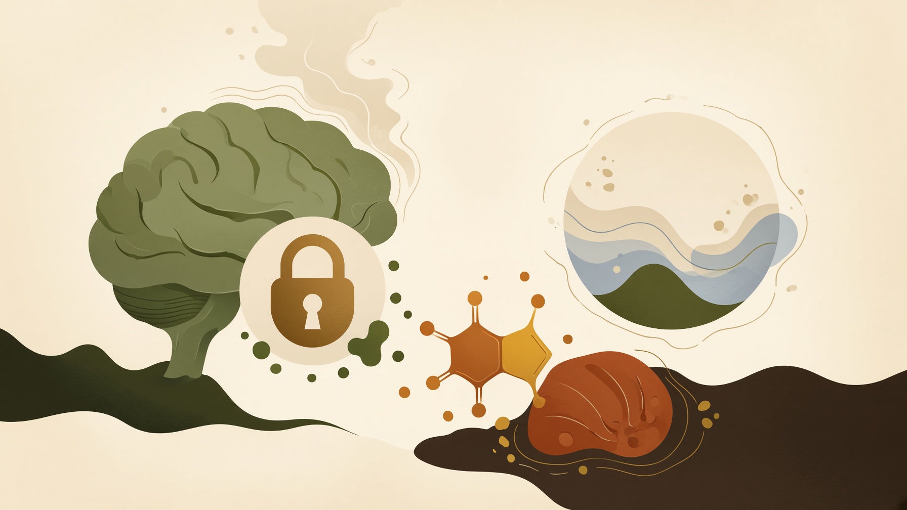 Brain beside a lock symbol, molecular shapes, and a circular sleep illustration.