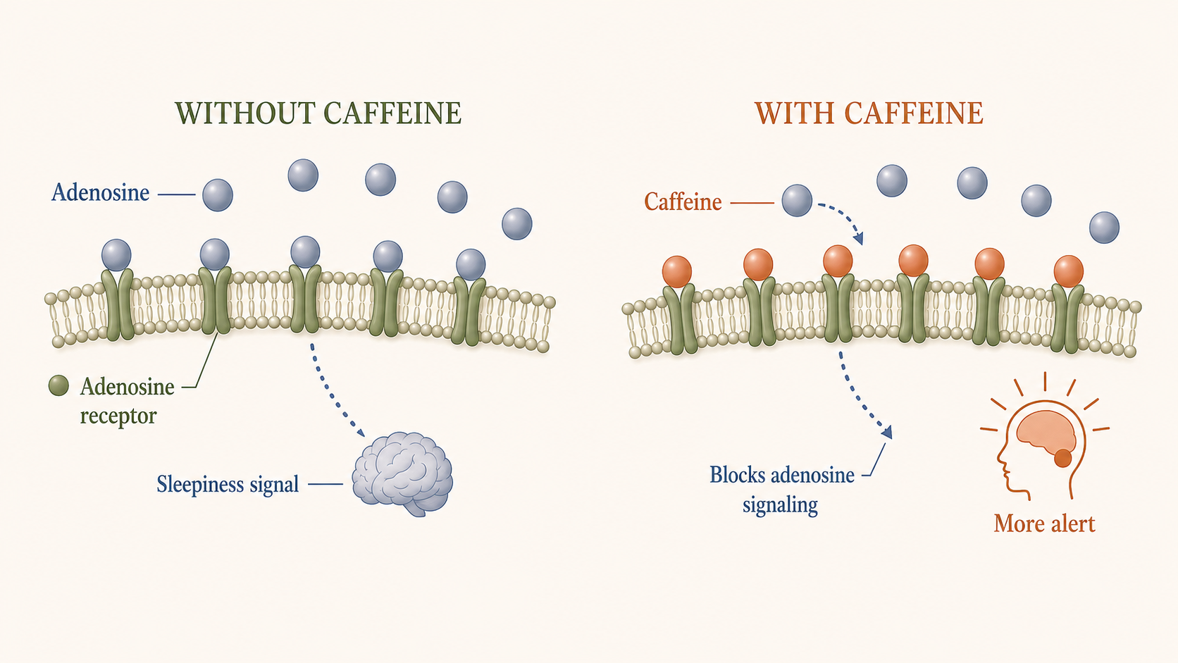 Side-by-side diagrams showing adenosine receptors without caffeine and with caffeine blocking adenosine binding.