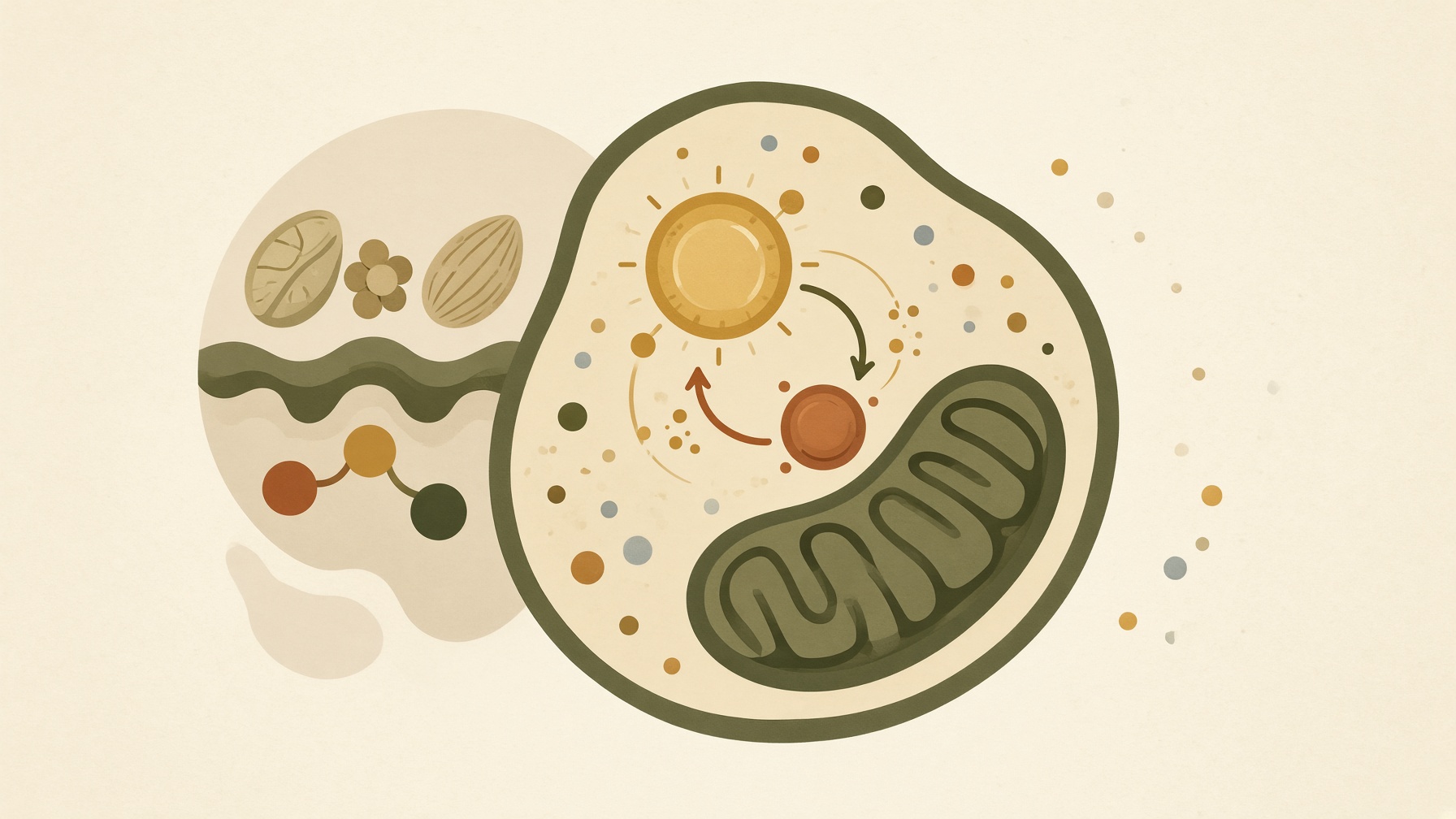 Cell containing a mitochondrion and cycling particles, connected to nutrient shapes.