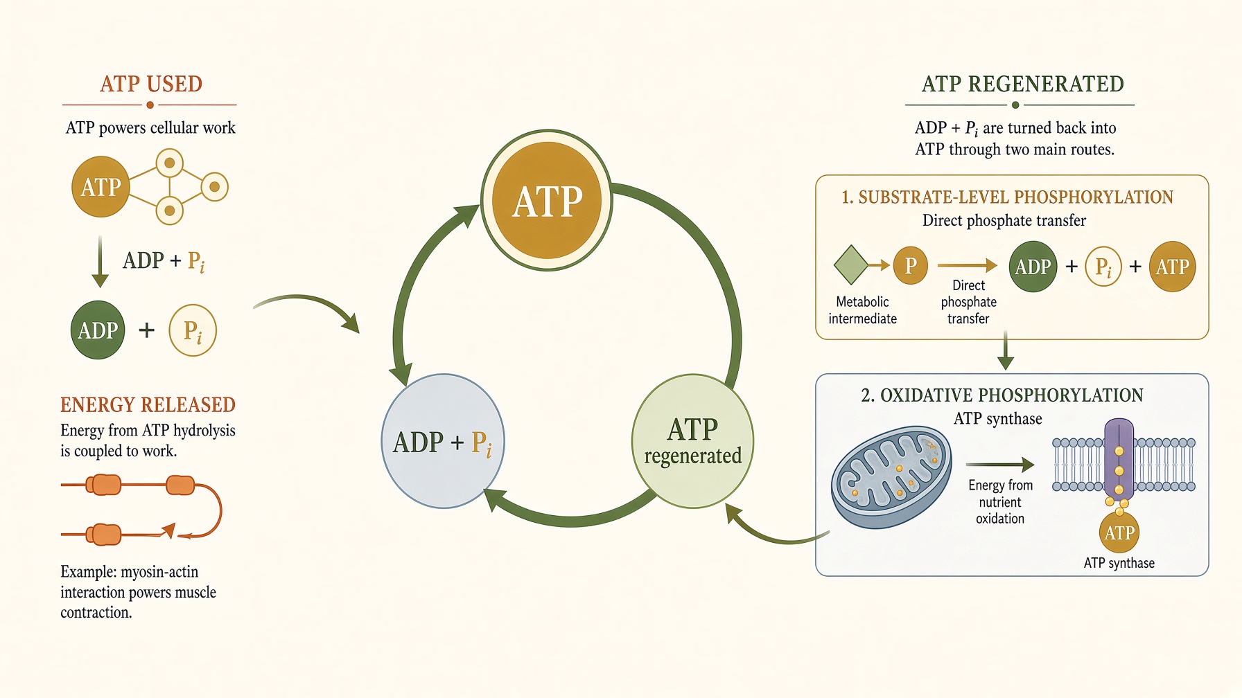 ATP recycling diagram connecting ATP use with regeneration through substrate-level and oxidative phosphorylation.