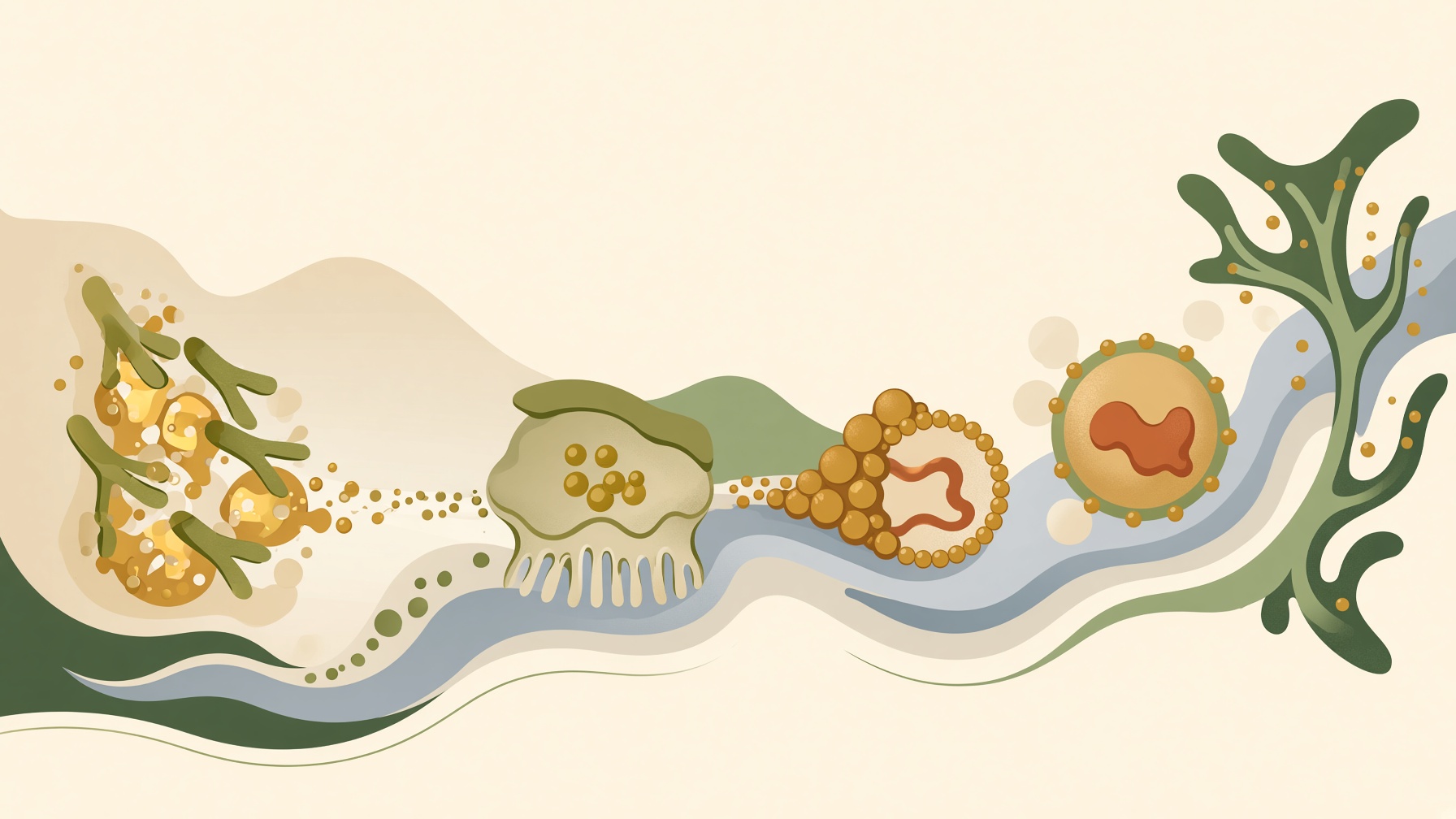 Fat droplets passing through illustrated intestinal structures into transport particles.