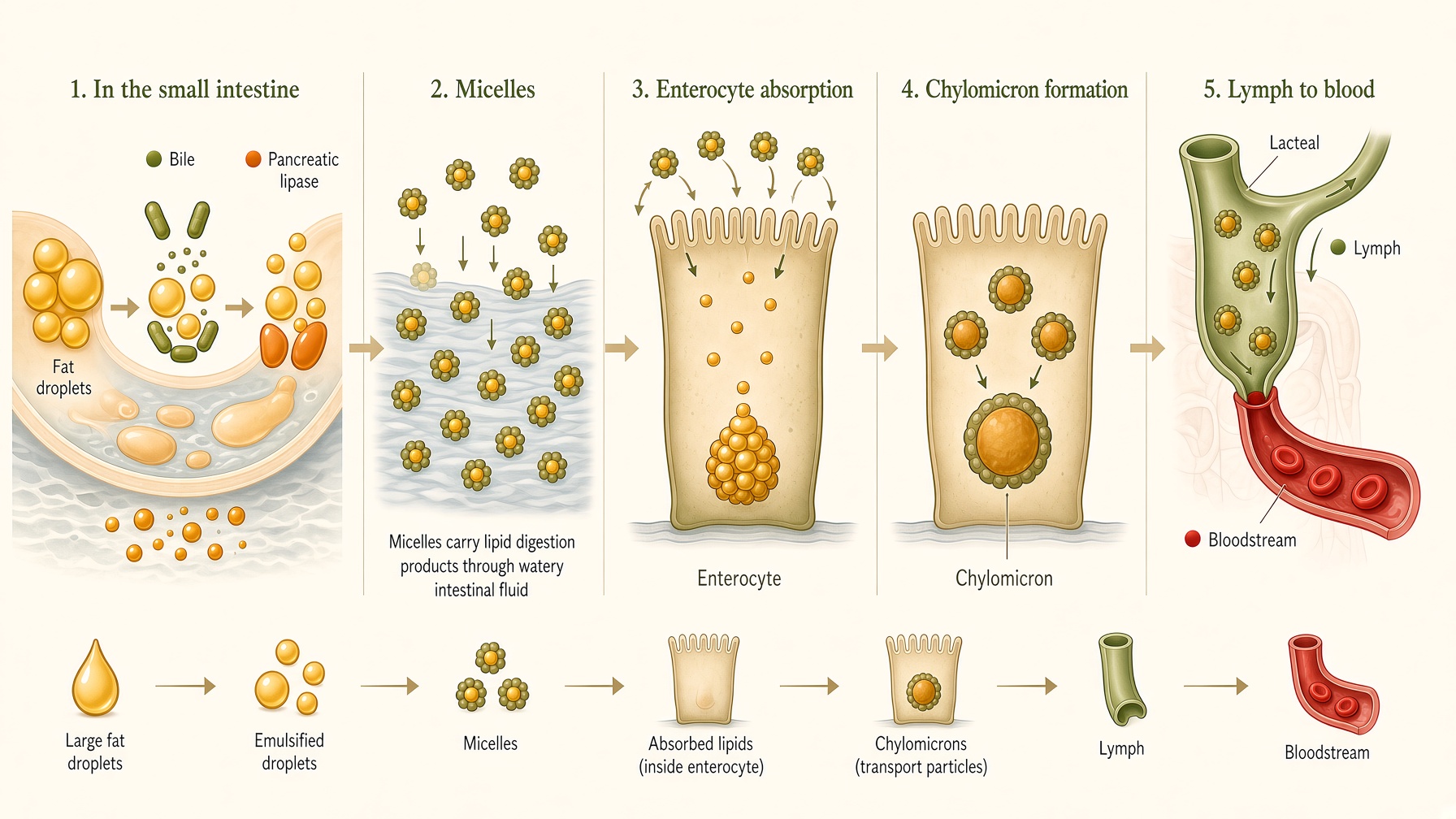 Five-stage diagram showing dietary fat moving through micelles, intestinal cells, chylomicrons, lymph, and blood.