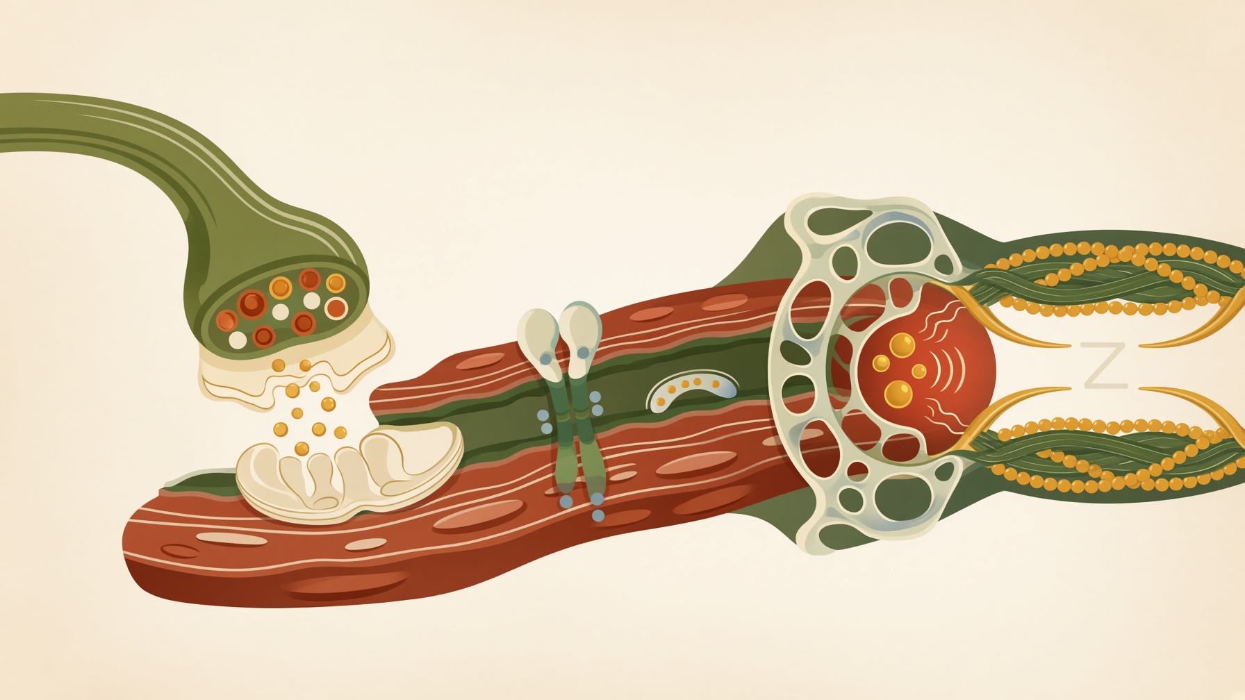 Nerve ending above a muscle fiber with magnified internal structures.