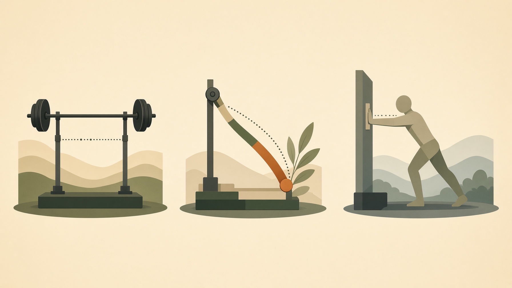Three resistance setups showing a barbell rack, cable apparatus, and an inclined figure.