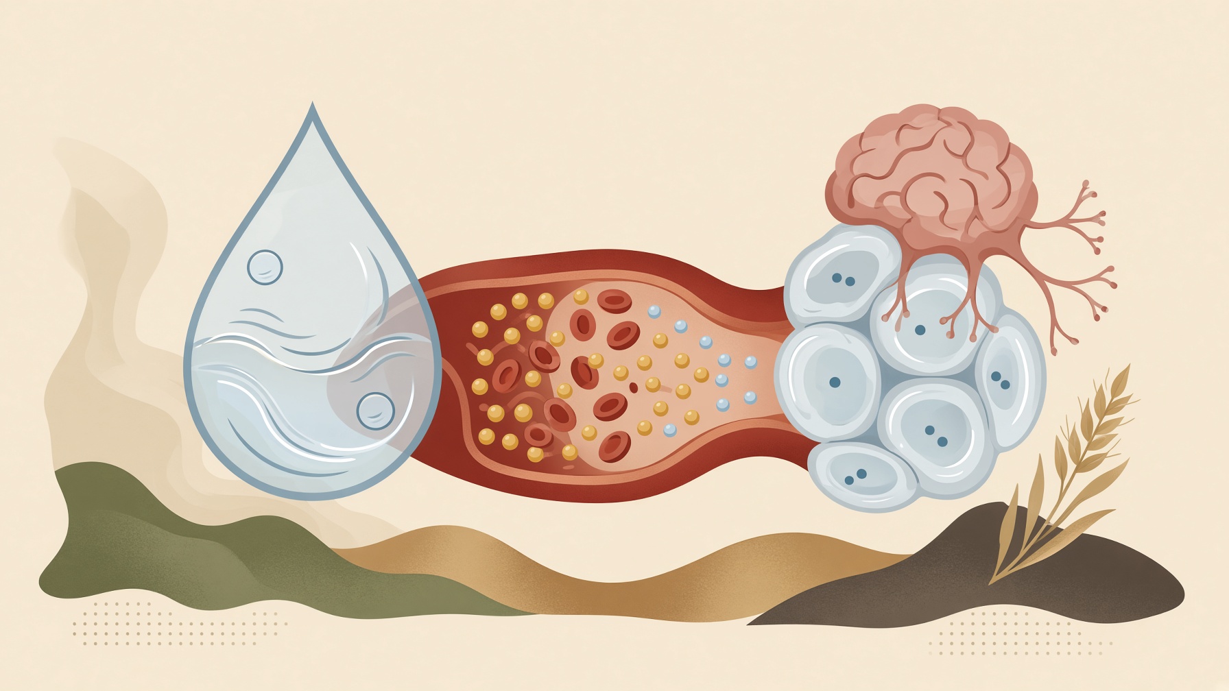 Water droplet beside a blood vessel, cells, and a brain.