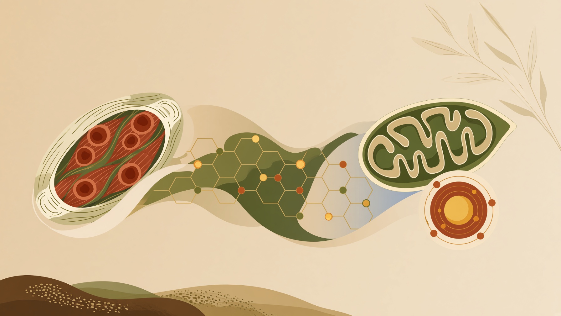 Muscle cross-section connected to molecular shapes, a mitochondrion, and an energy symbol.