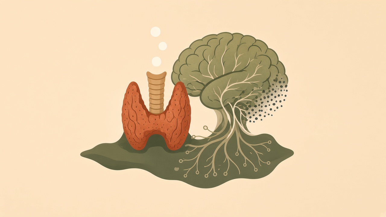 Thyroid gland beside a brain with branching connections.