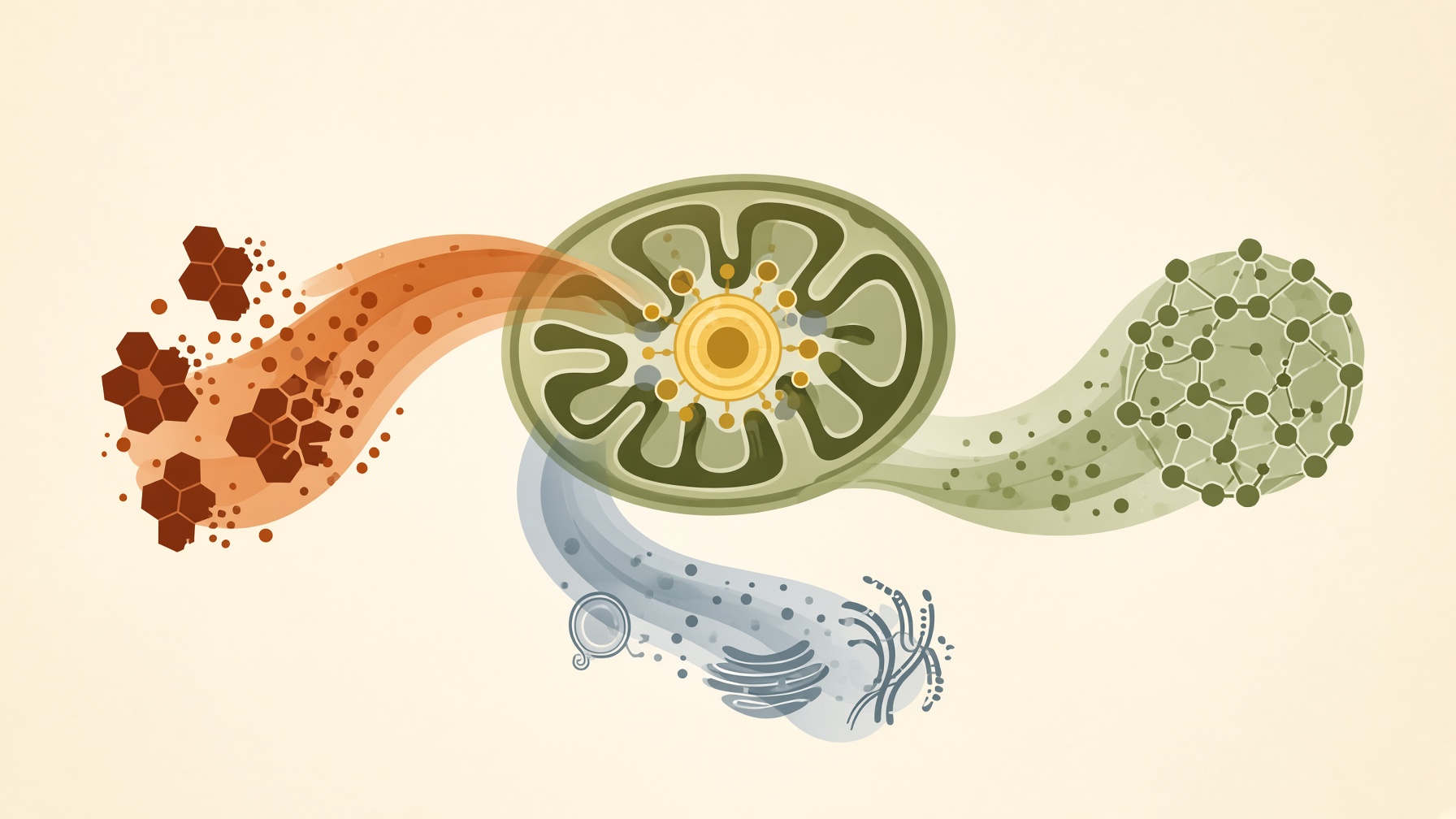 Mitochondrion linking molecular fragments, a cellular structure, and a molecular network.