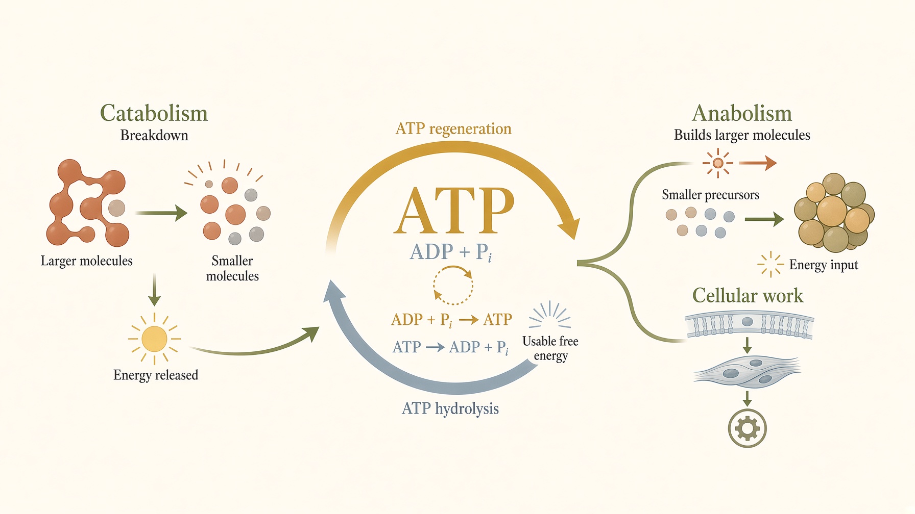 Circular diagram connecting catabolism, ATP regeneration, cellular work, and anabolism.