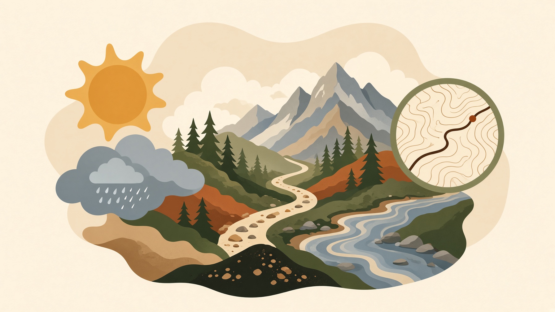 Mountain trail with sunshine, rain, a river, and a magnified contour map.