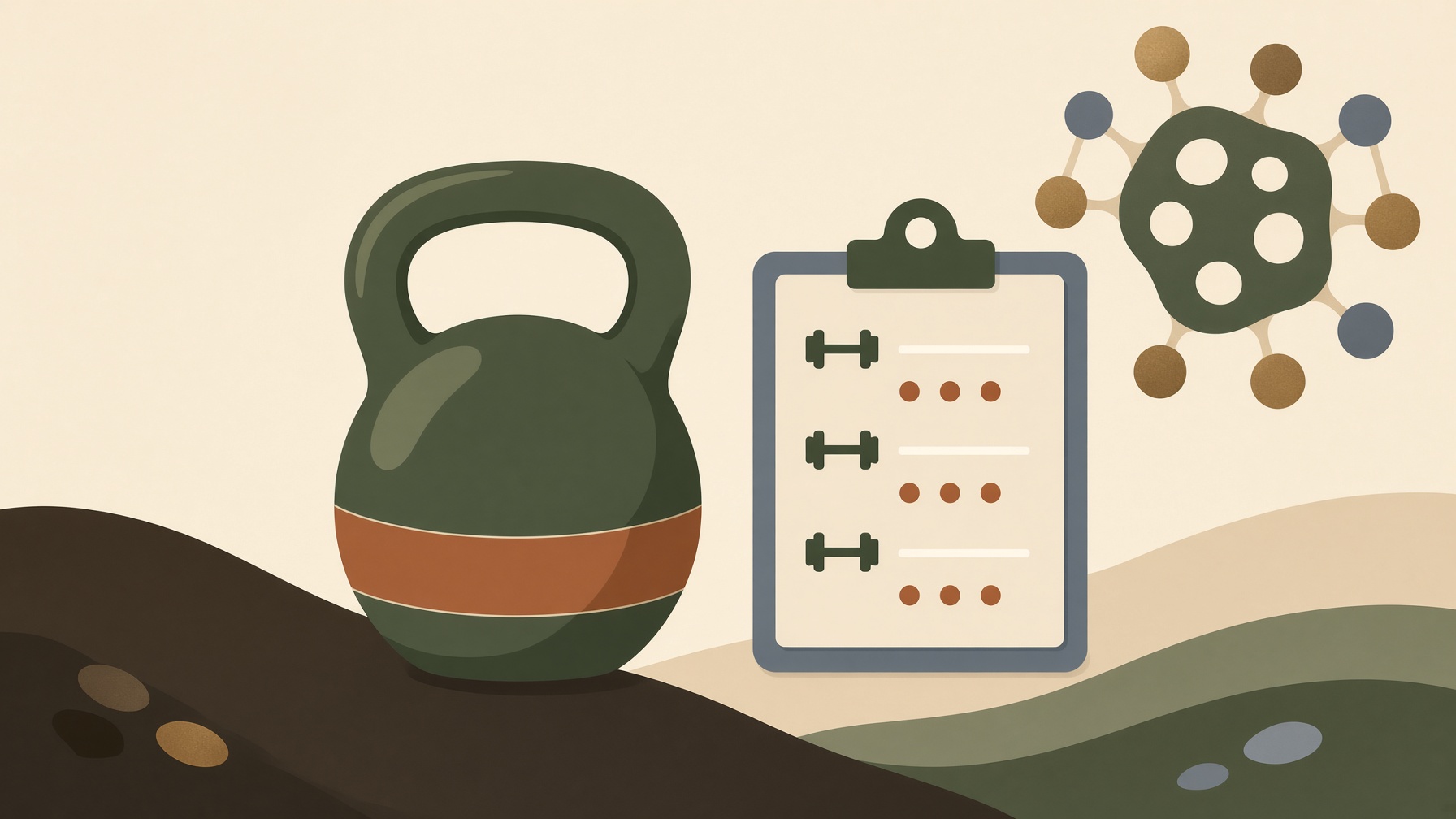 Kettlebell beside an exercise checklist and a circular pattern of dots.