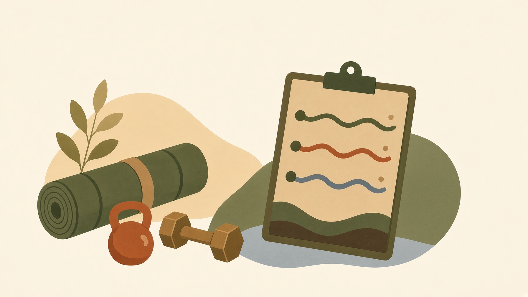 Exercise mat, kettlebell, and dumbbell beside a clipboard with colored lines.