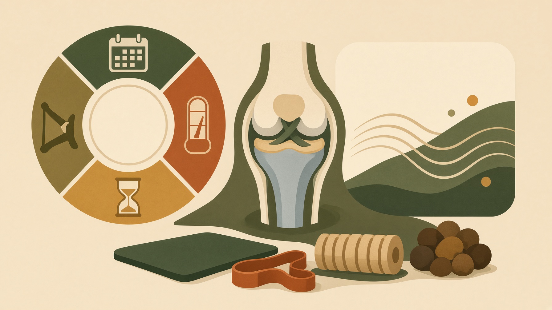 Knee joint, exercise mat, bands, and foam roller beside a circular schedule.