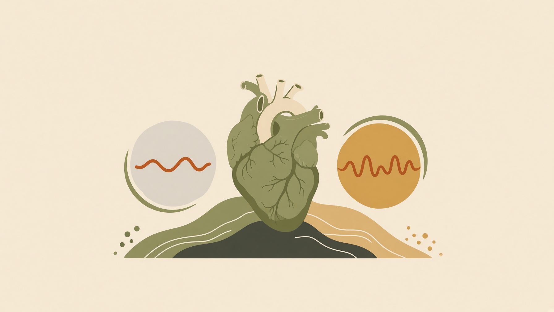 Heart between two circular illustrations of different wave patterns.