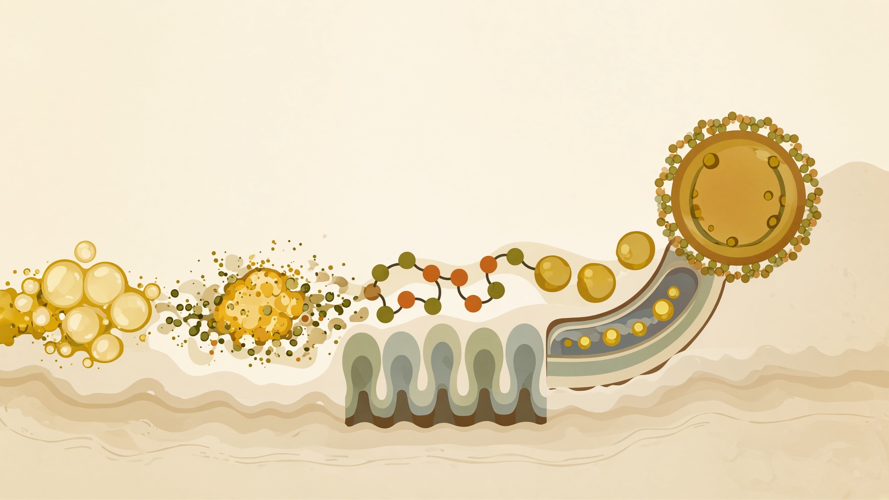 Fat droplets moving across intestinal cells into a larger transport particle.