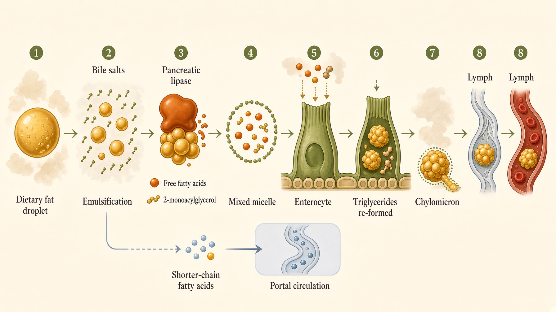 Diagram showing fat emulsification, digestion, micelles, intestinal absorption, and transport through lymph and blood.