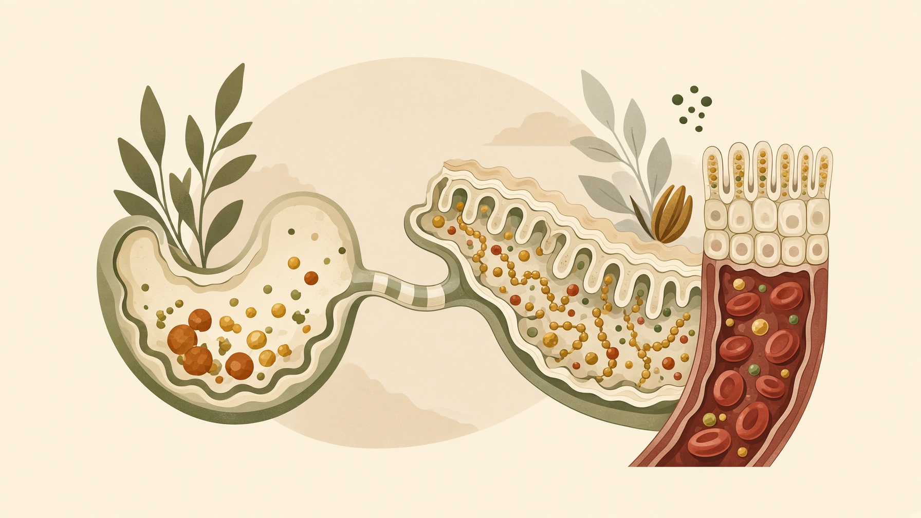Stomach and intestinal lining with particles moving toward a blood vessel.