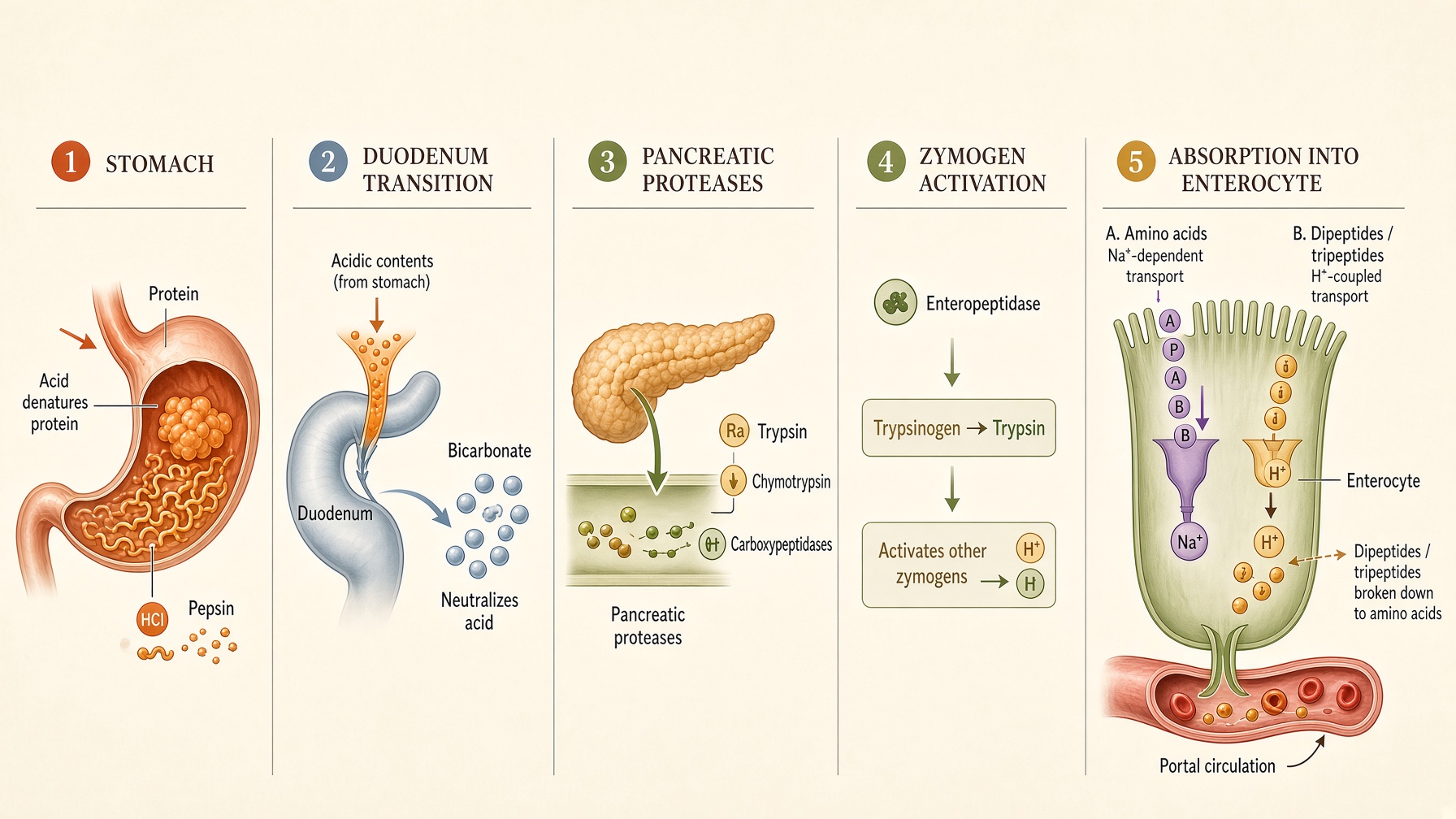Diagram tracing protein digestion from the stomach through pancreatic enzymes to intestinal absorption and portal blood.
