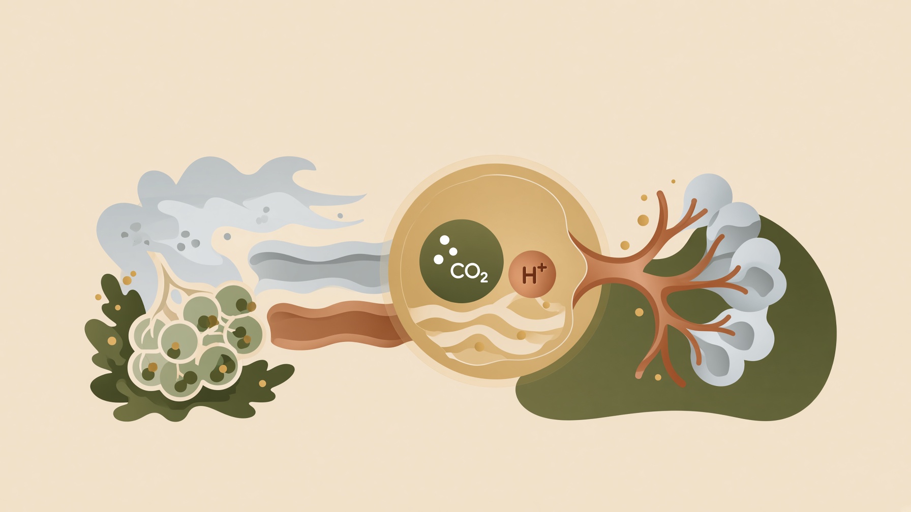 Blood vessel and branching airways connected through carbon-dioxide and hydrogen-ion symbols.