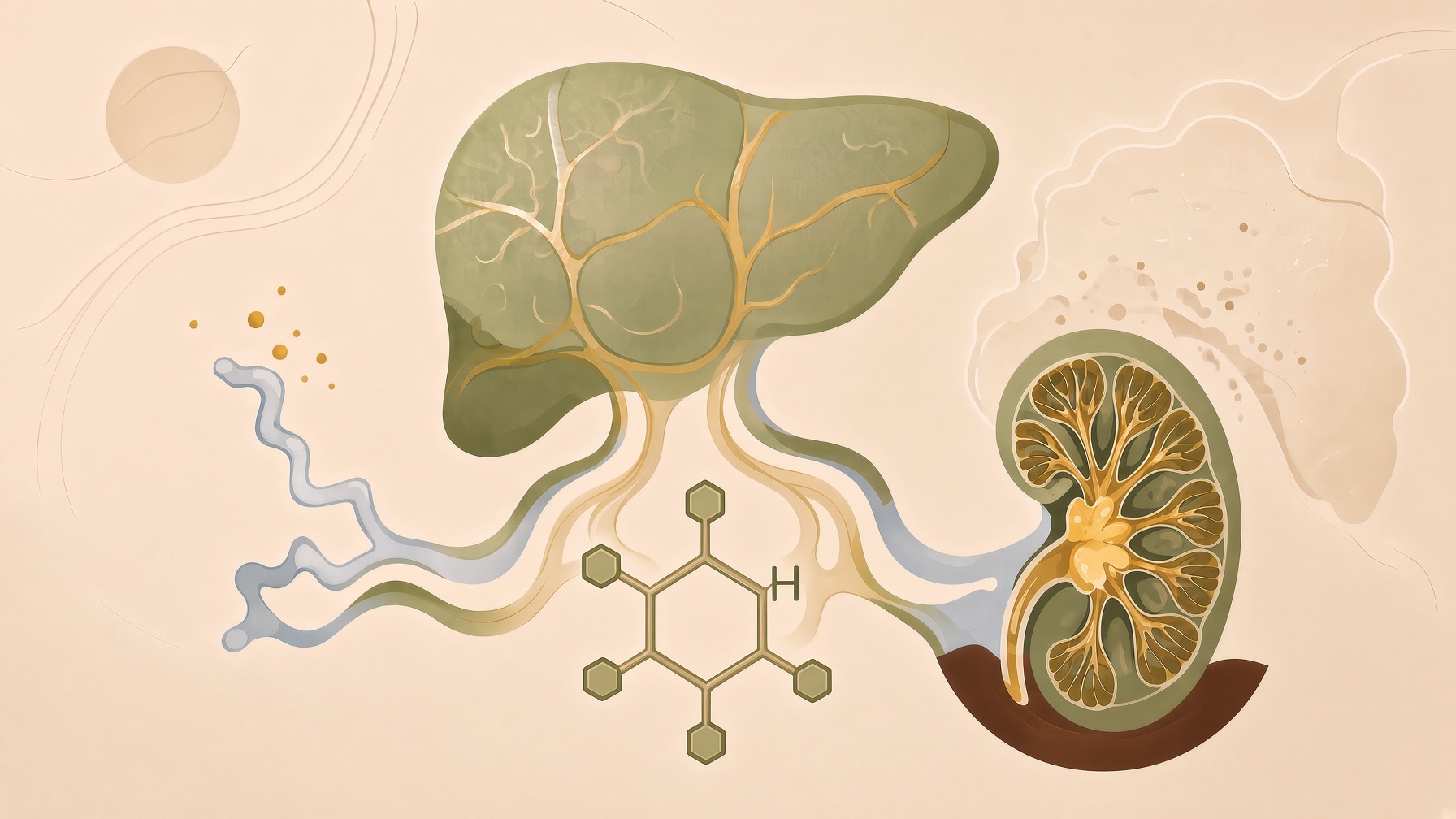 Liver and kidney connected by a molecular structure and flowing lines.