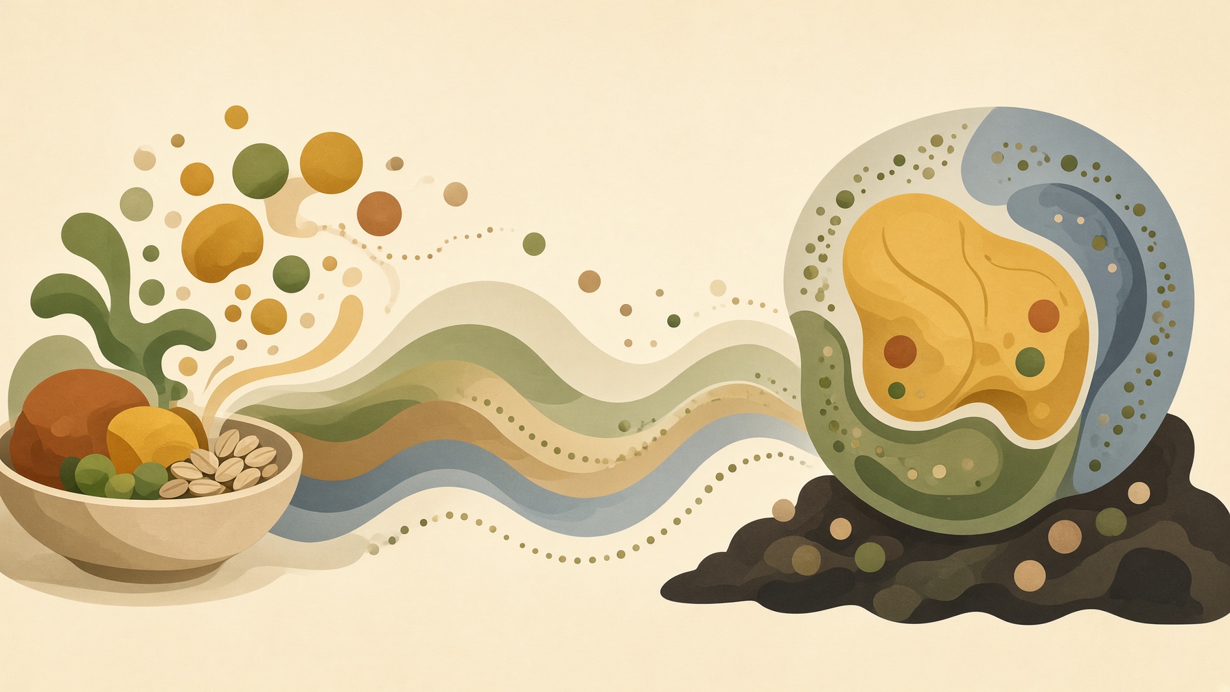 Food and nutrient particles connected to a large illustrated cell.