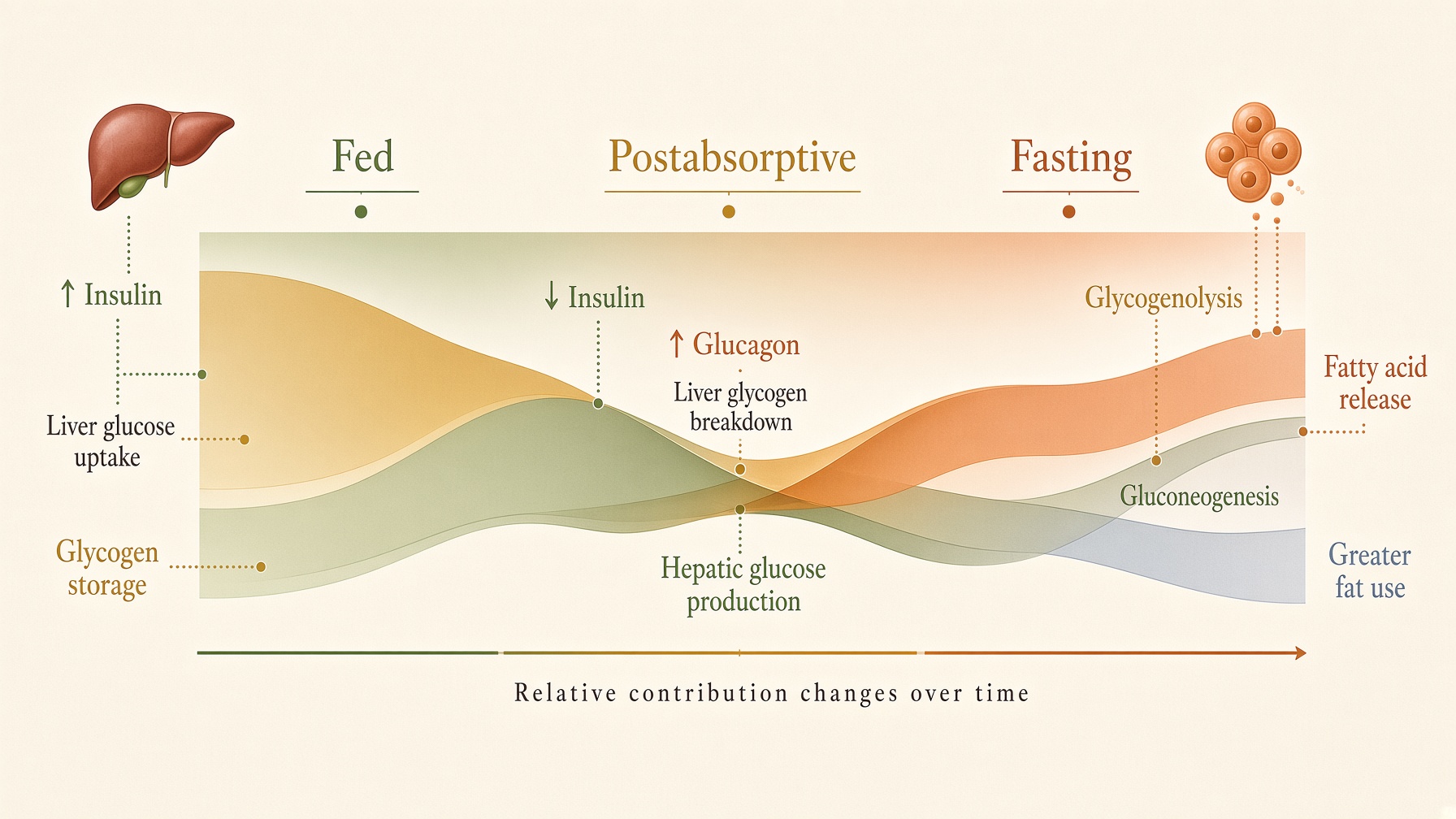 Graph and organ illustrations showing changing fuel use across fed, postabsorptive, and fasting states.